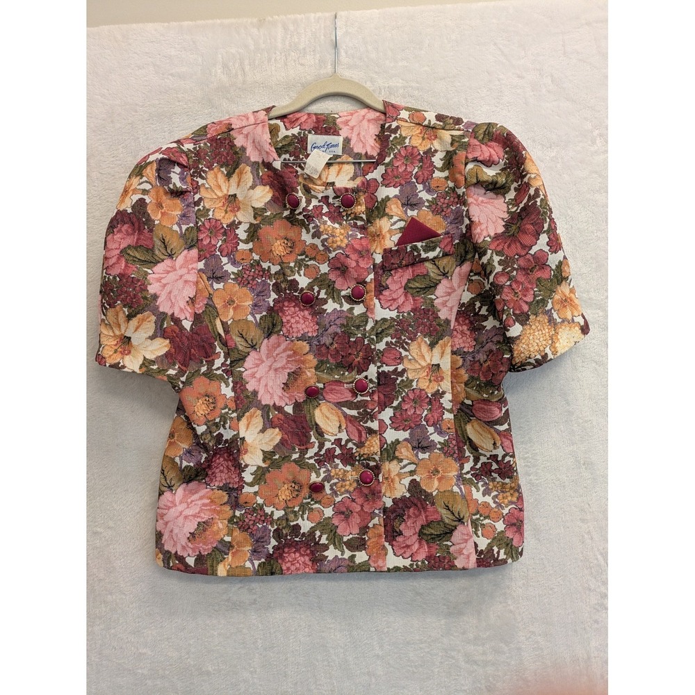 Good Times‎ Vintage Floral Blouse Short Sleeve Button Front Women's Top M